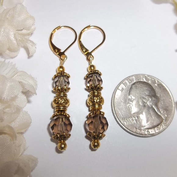 Pair of Dangle Earrings Brown Gold Lever Back 6405 - Picture 3 of 10